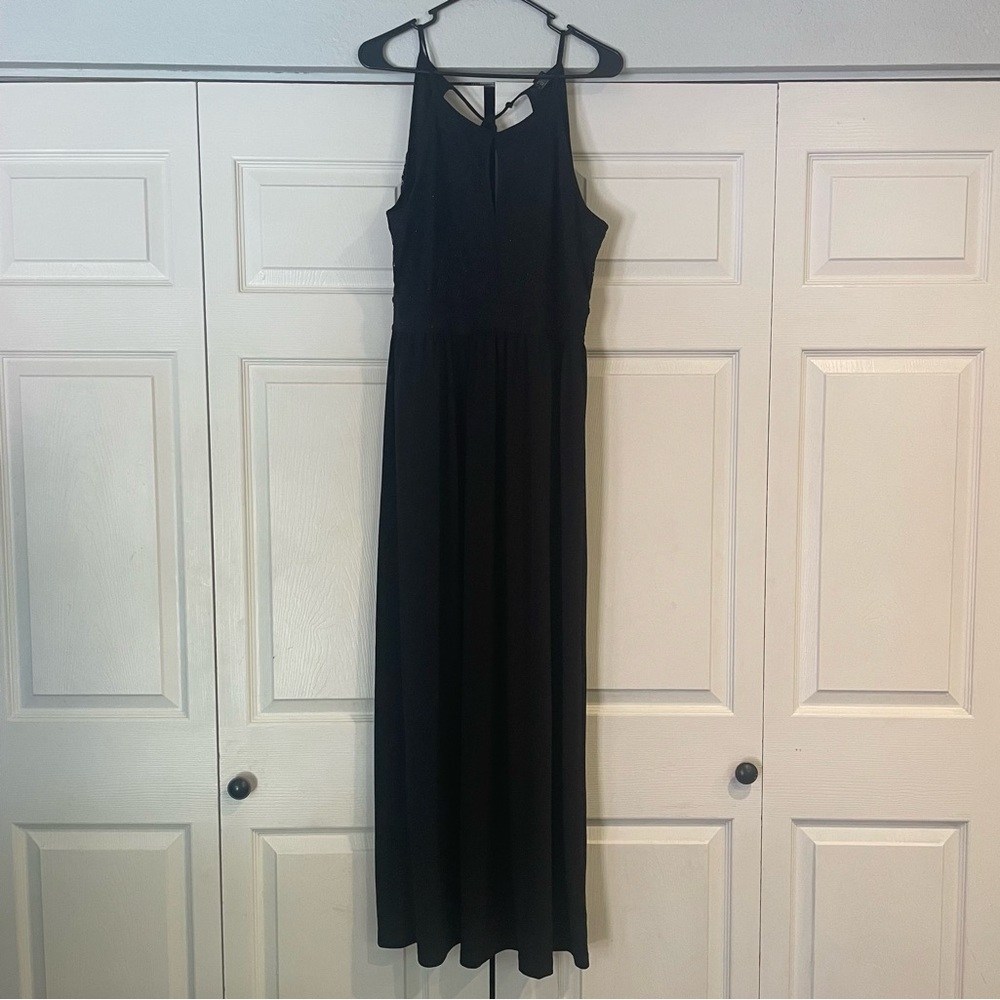 Black long flowy formal dress with glittery top half